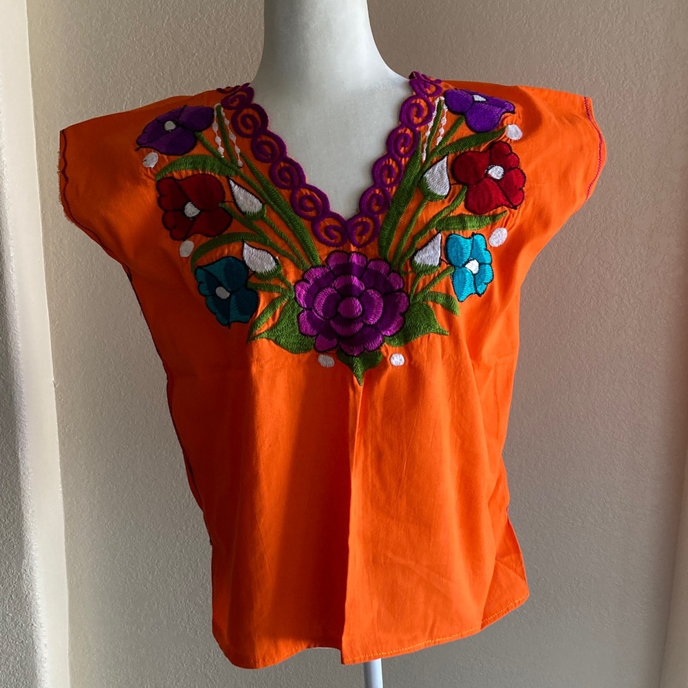 Embroidered Orange Floral Women's Top Size L